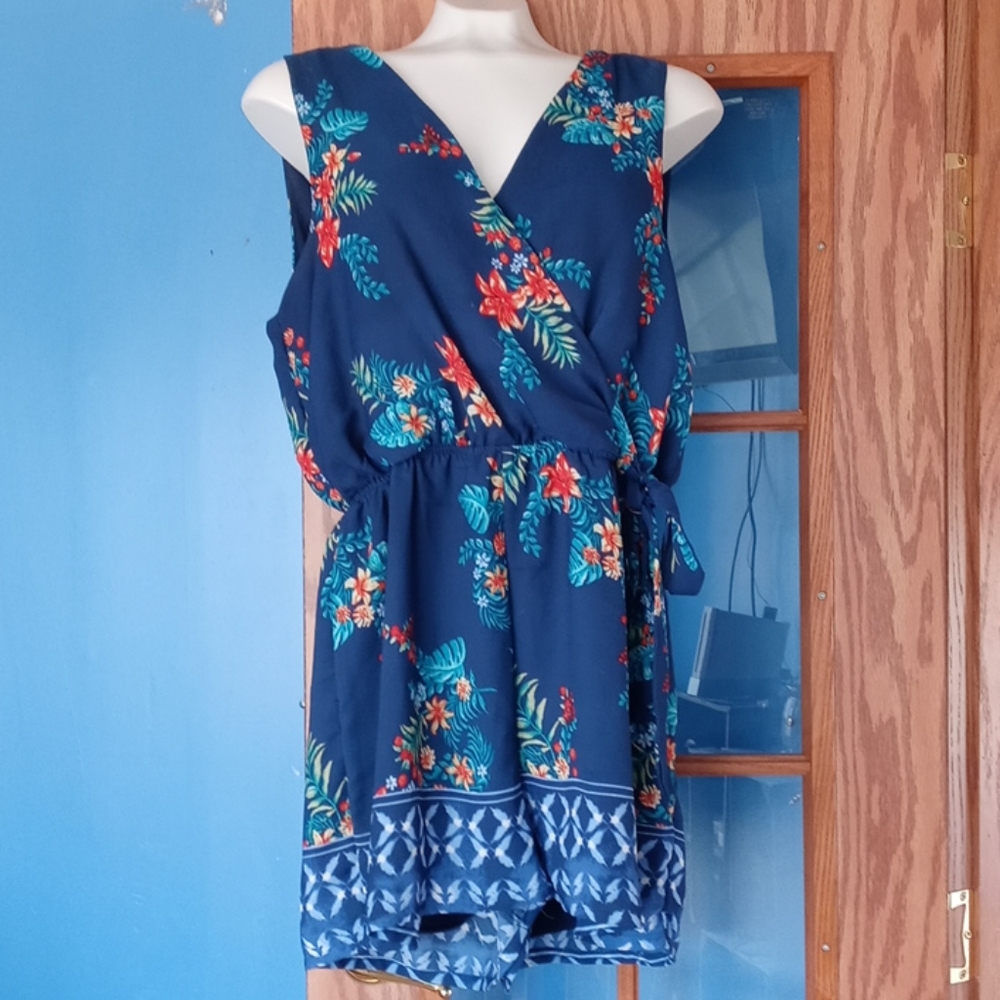 As U Wish Navy Floral Wrap Romper with Teal and Coral Accents